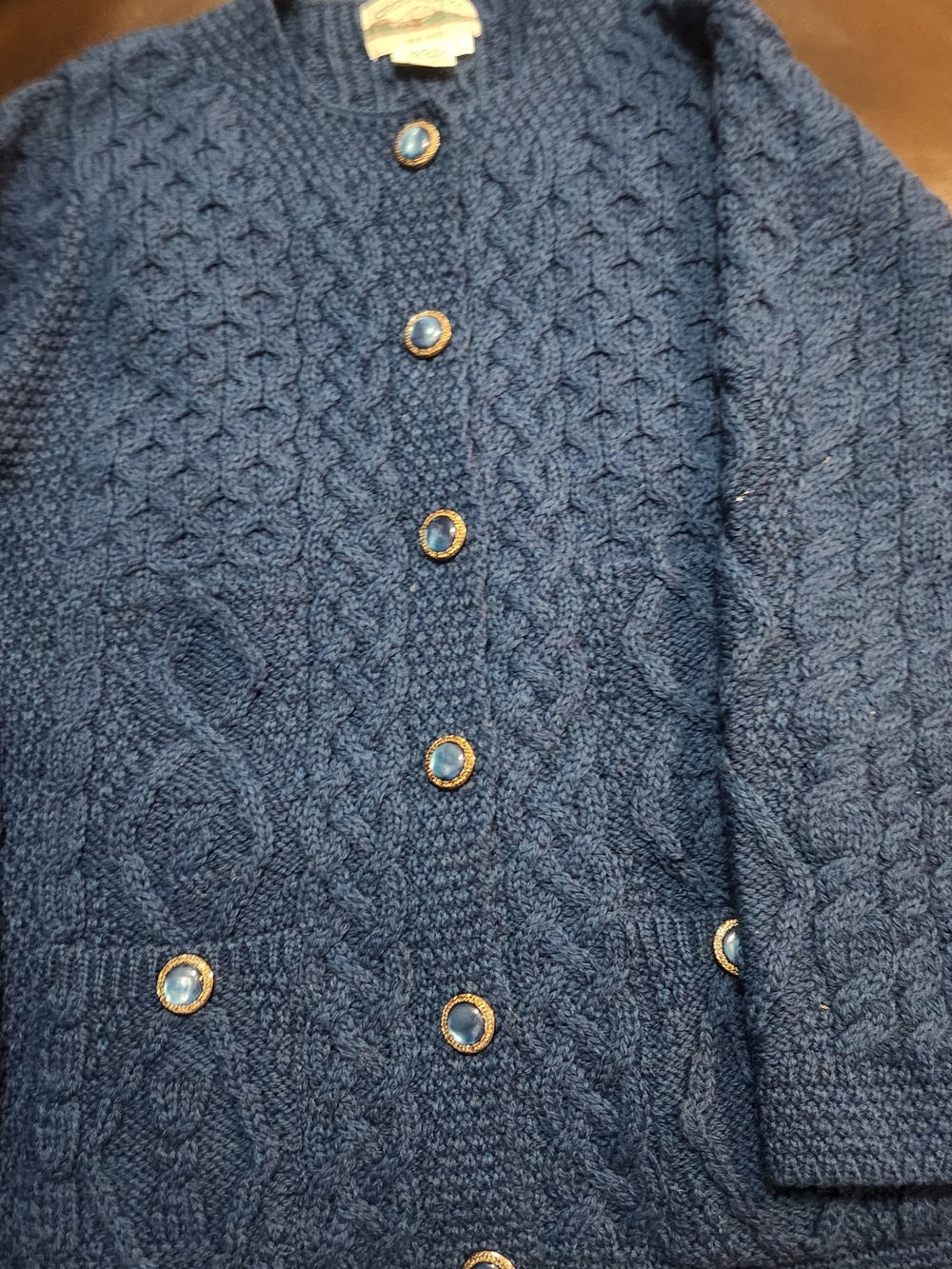 Aran Crafts Ireland 100% Merino Wool Cable Knit Lumber Cardigan Blue
